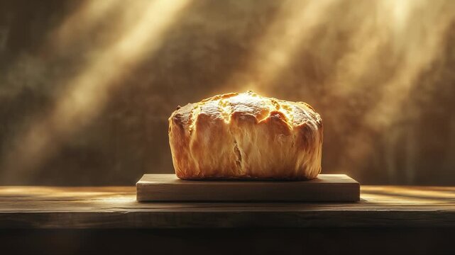 A golden loaf of bread rests on a wooden board, illuminated by soft light. The loaf of bread presents a warm texture and inviting aroma in the calm kitchen setting.