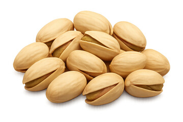 Obraz premium Pistachio nuts pile with shells, healthy snack food, protein rich, isolated and on transparent background