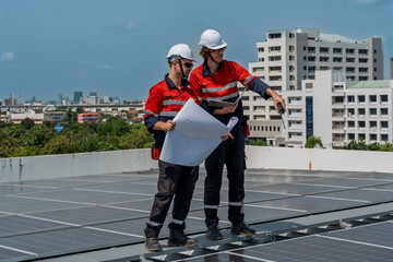 Solar engineer teamwork rooftop maintenance boosts clean energy output bright sky with focus and...