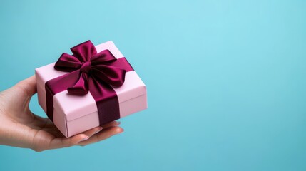 Obraz premium A delicate pink gift box with a dark ribbon bow, held in a hand against a soft blue background, symbolizing celebration and surprise.