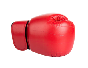 A vibrant, close-up photograph showcasing a single, red boxing glove against a black background