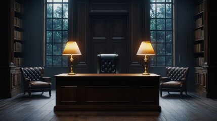 Dark wood office, leather chairs, desk, lamps, library. Business meeting background