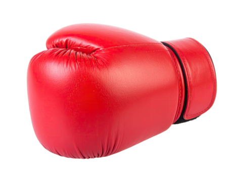 Close-up of a single, vibrant red boxing glove with visible details and a transparent background