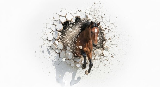 A horse busting or breaking through a wall on a solid white background, animal photo