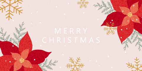 Christmas greeting banner, card, poster, cover. Vector Christmas design with hand-drawn red poinsettia flowers and fir branches.