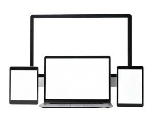 Modern black computer setup. Laptop, monitors and two tablets connected, all with blank white screens