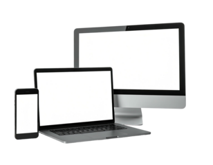 Modern tech gadgets on black background a phone, laptop, and desktop computer, all blank screens