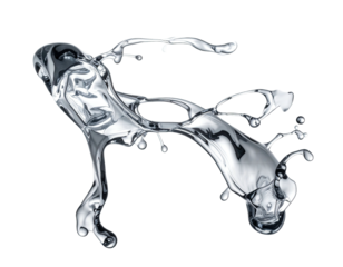 Glossy, fluid sculpture of metallic liquid with droplets against black