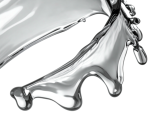 Metallic splash in mid-air against a black background, with fluid, reflective surfaces