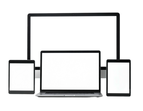 Modern black computer setup. Laptop, monitors and two tablets connected, all with blank white screens - Powered by Adobe