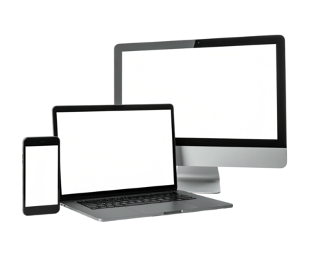 Modern tech gadgets on black background a phone, laptop, and desktop computer, all blank screens