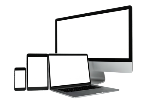 Electronic devices with blank screens, arranged from smallest to largest, against black