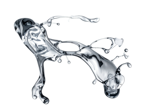 Glossy, fluid sculpture of metallic liquid with droplets against black