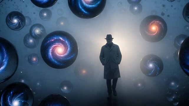 Man in trench coat walks through a cosmic multiverse of swirling galaxies and nebulae, symbolizing exploration and discovery of infinite possibilities.