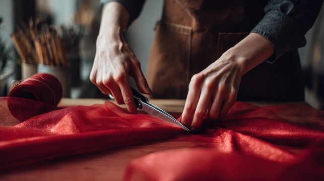 skilled artisan meticulously crafts vibrant banner with fabric and scissors in a welllit workshop creating festive decorations