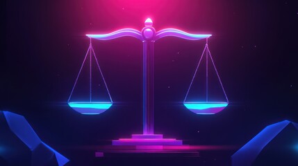 Neon scales of justice in abstract digital space