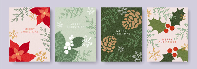 Merry Christmas greeting card set, banner, poster, and cover. Vector Christmas design with hand-drawn snowberries, fir cones, poinsettia, holly berries, fir branches, and snowflakes.