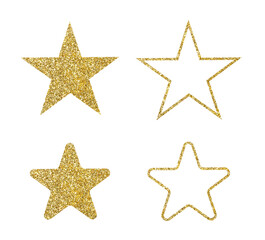 Obraz premium Golden Glitter Star Set, Shiny Gold Star Icons, Sparkle Outline and Solid Glitter Stars for Decoration, Rating, Celebration, and Graphic Design