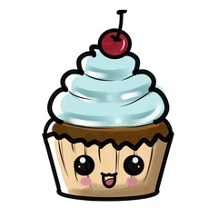 Cute kawaii cupcake with cherry and nlue cream frosting – adorable dessert illustration, cute cupcake illustration, pastel cupcake illustration with cherry 