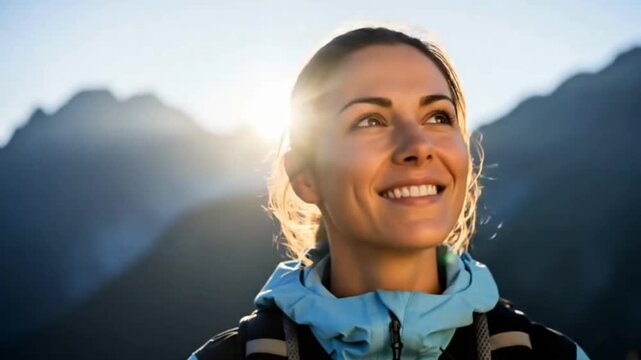 A close-up portrait of a happy female hiker smiling at the camera on a sunny mountain top. This footage is perfect for adventure and nature concepts
