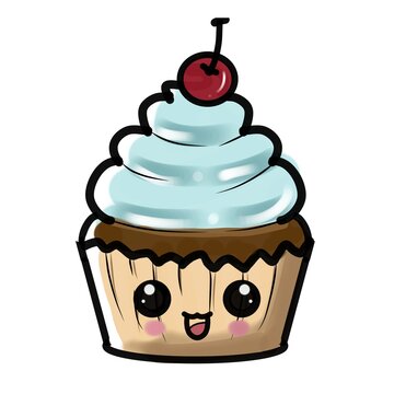 Cute kawaii cupcake with cherry and nlue cream frosting &ndash; adorable dessert illustration, cute cupcake illustration, pastel cupcake illustration with cherry 