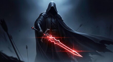 Cloaked Figure in Black Robe with Glowing Red Sword in Dark, Misty Environment