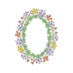 Hand drawn line art canary islands flowers wreath. Card template with cute floral frame
