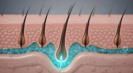 Close-up Cross-Section of Skin with Brown Hair Follicles and Hair Root