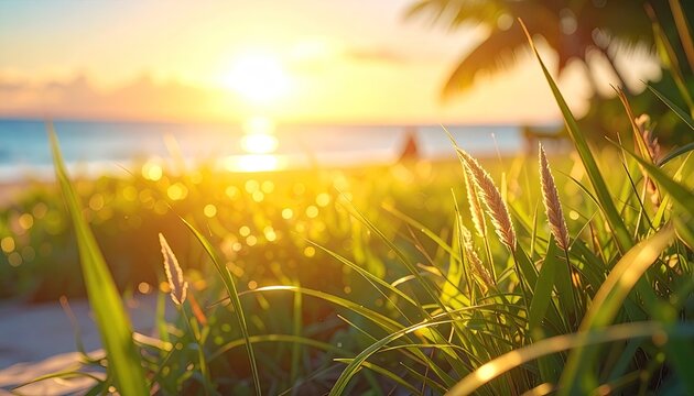 Golden Hour Beach Sunset With Palm Trees Casting Long Reflections On Still Tide Pools And Lush Green Grass In Foreground With Ocean And Sky In Background - Powered by Adobe