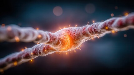 Dynamic abstract visualization of a glowing neural pathway transmitting energy signals, representing connectivity and scientific breakthroughs.