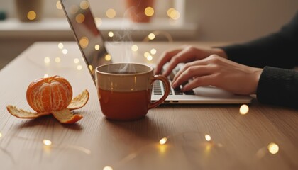 Person typing on laptop with steaming cup and decorative lights
