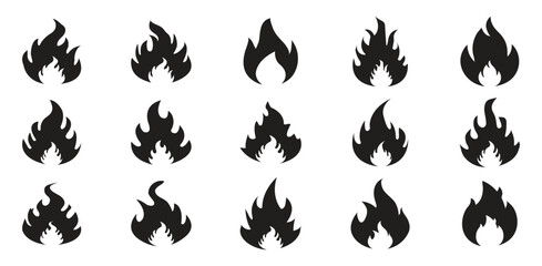 Hand drawn black fire flames icon collection. Concept flame, fire, icon. Fire symbol in glyph. Fireball sign. Campfire symbol flame. Stock vector illustration.