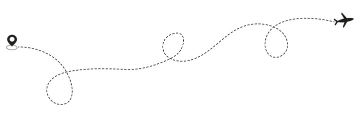 Airplane travel route dotted line. Aircraft tracking, planes, travel, map pins, location pins, start point line trace and plane routes, flight path concept design. Eps 10.