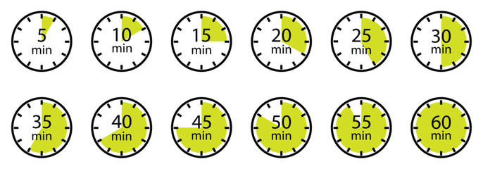 Timer or stopwatch icons collection. Set of stopwatch icons from 5 to 60 minute. Countdown for kitchen, cooking, sports, speed, deadline use. Vector illustration.