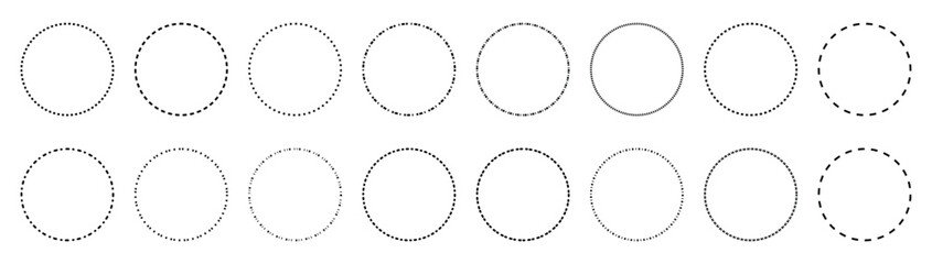 Dotted line circle set.  Set of border line circle frame  with dot or dashed lines. Hand drawn on white background. 