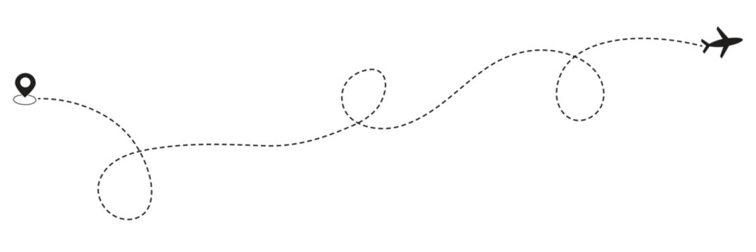 Airplane travel route dotted line. Aircraft tracking, planes, travel, map pins, location pins, start point line trace and plane routes, flight path concept design. Eps 10.
