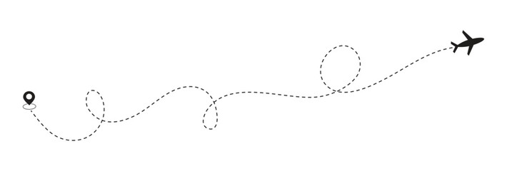Airplane dotted line. Flight path with dotted line, airplane icons and location markers, aviation concept, travel background design, journey map or delivery concept.