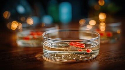 Vibrant red cells suspended in clear liquid within laboratory petri dishes, hinting at scientific research and medical discovery.