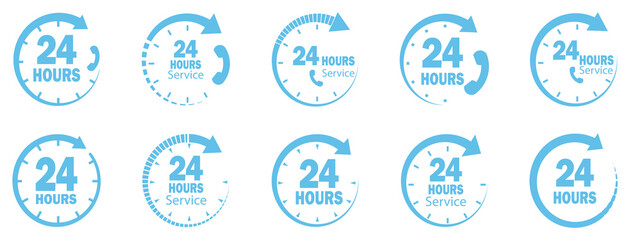 24 hour service icon set. 24 hours order execution or delivery service, work time, customer service, support, and call center. isolated on white background with arrows.



