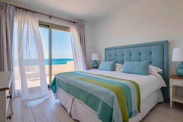 Bright Mediterranean style bedroom with a bed with a blue headboard