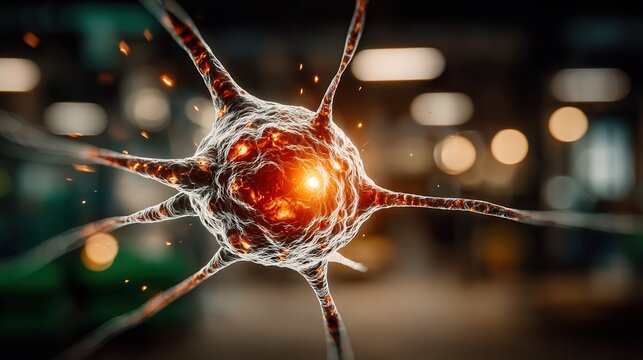 Dynamic neural network firing with vibrant energy, representing thought, connection, and biological innovation in a modern scientific context