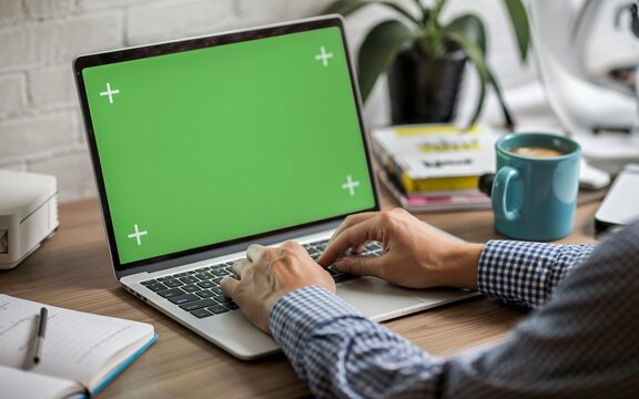 A person's hands are actively typing on a laptop keyboard, which displays a vibrant green screen.
