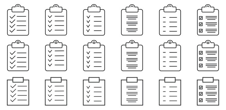 Document line style icon set. Paper document and clipboard, certificate, accept, approved, invoice, archive, collection with thin line. 