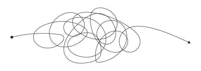 Scribble chaos lines with arrows. Messy scribble line tangles, chaos transformation, problem solving, stress reduction.
