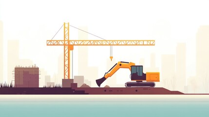 Excavator digging on construction site with crane, silhouetted city backdrop for building project