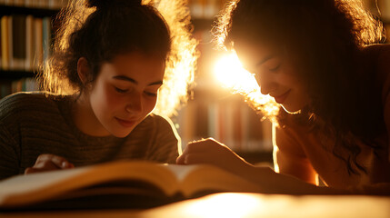 Two young women immersed in study in library, bathed in sunlight, flipping through an open book, engrossed in their reading. Focus on education and learning.
