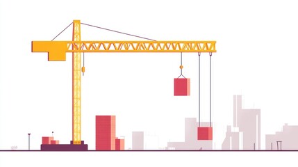 Yellow construction crane lifts red blocks in city building, abstract graphic for construction concept