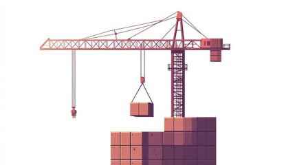 Tower crane lifts concrete blocks at sunset with white background. Use for building, construction