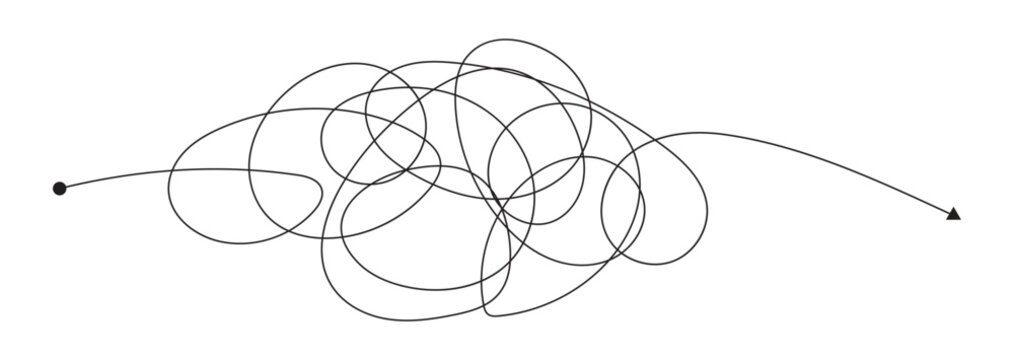 Scribble chaos lines with arrows. Messy scribble line tangles, chaos transformation, problem solving, stress reduction.