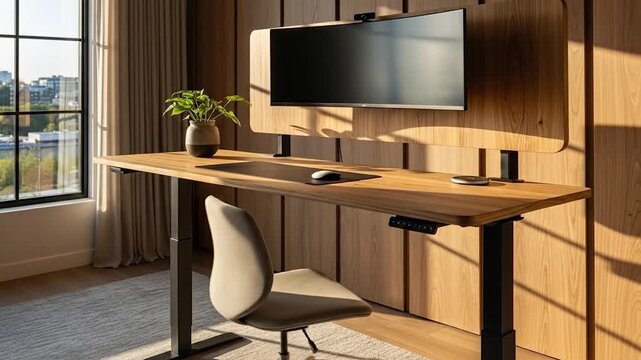 Modern minimalist home office workspace setup with adjustable standing desk computer monitor and ergonomic chair during day